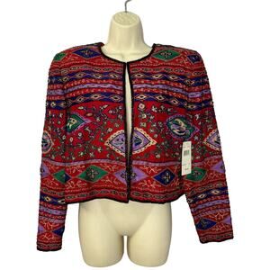 Vtg 80s Niteline Della Roufogali Red Beaded Embellished Jacket Blazer Silk Large
